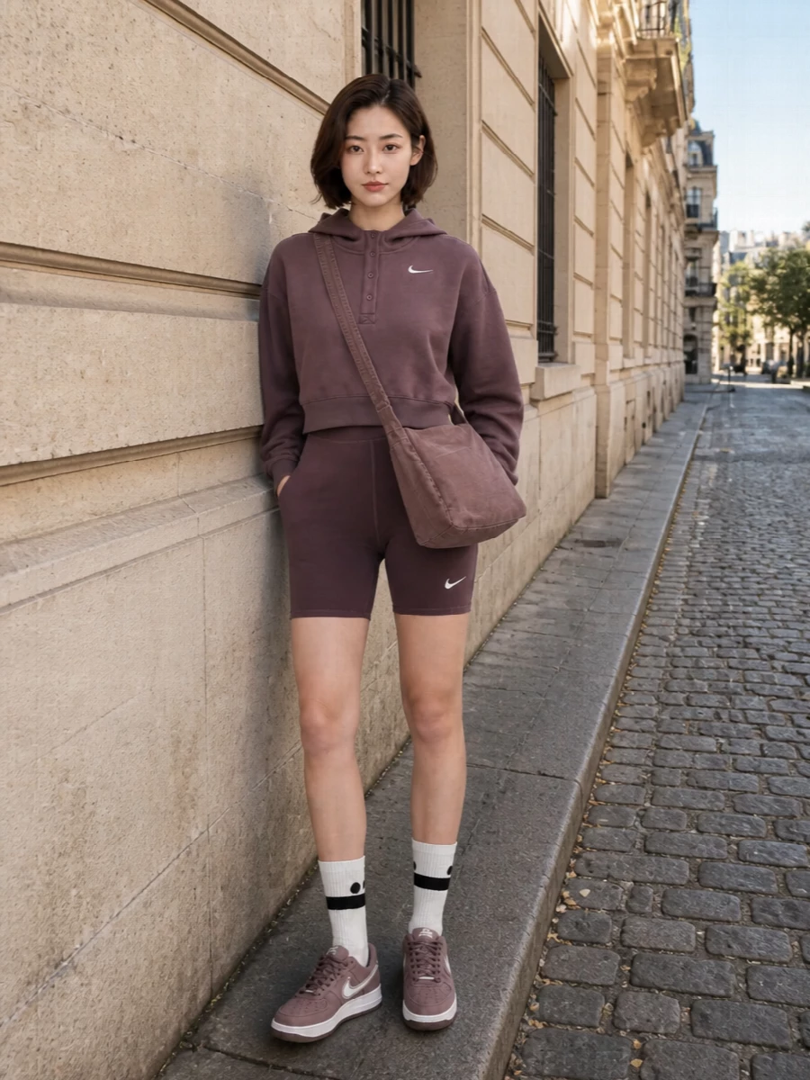 Nike mauve hoodie biker short outfit sneakers