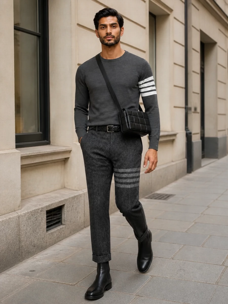 Thom browne grey trousers charcoal knit outfit