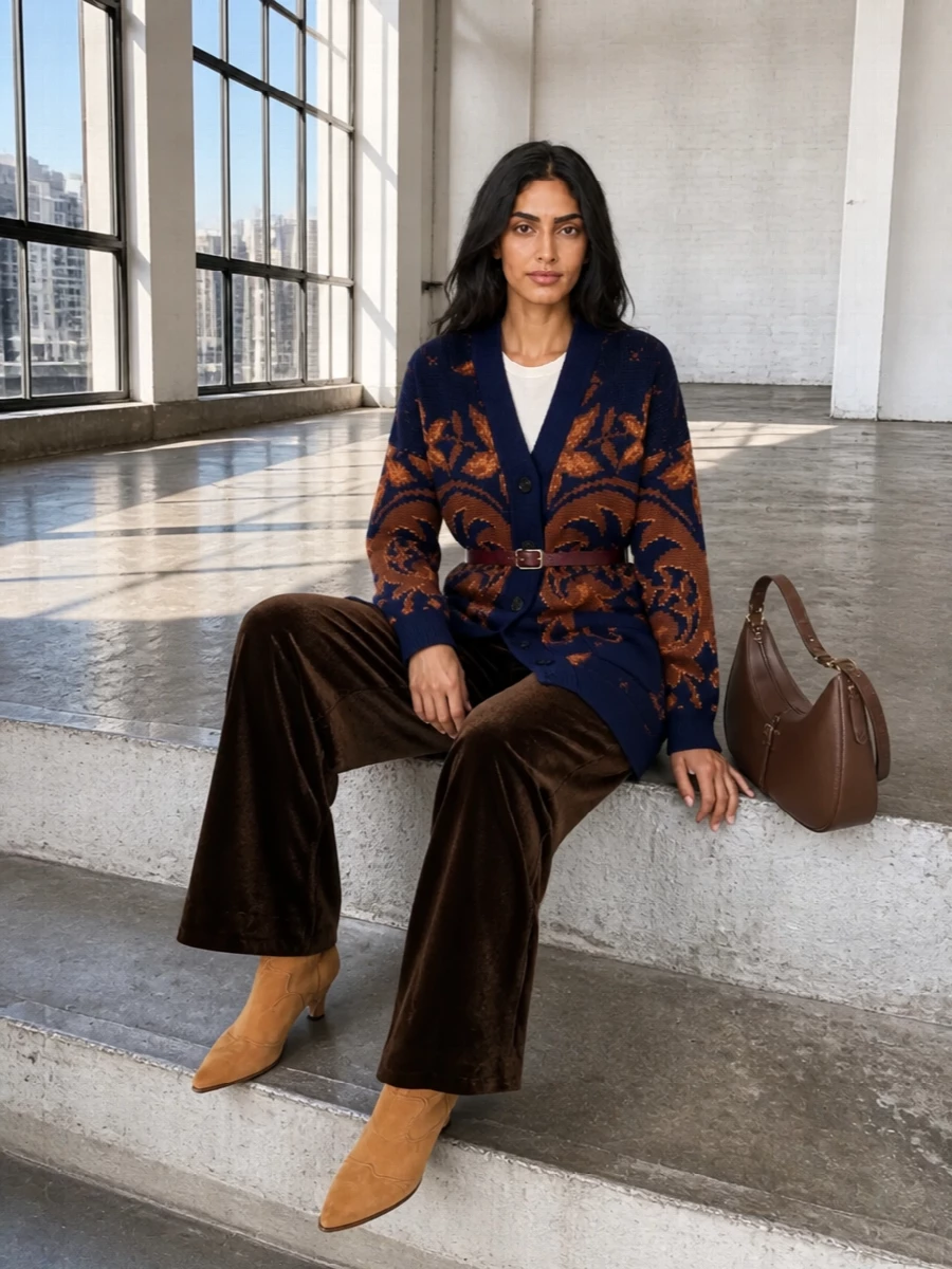 Etro cardigan velvet trousers suede boots