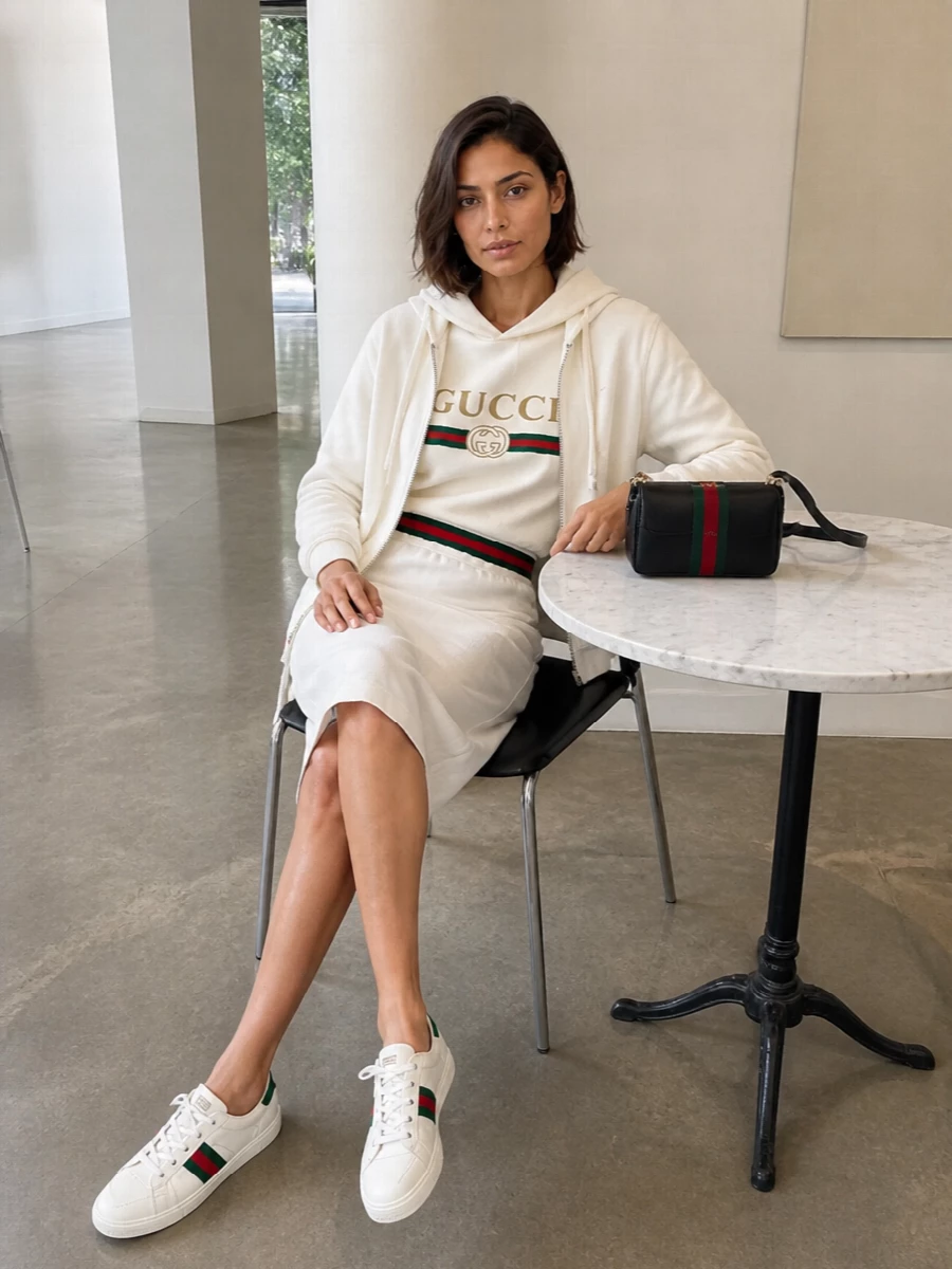 I’m keeping this in the Gucci sport-preppy lane by pairing the soft logo hoodie with the high-waisted web-waist midi skirt, so the stripe reads as a considered set rather than separates. The off-white low-top sneakers extend the tonal story head to toe, while the compact black shoulder bag sharpens the palette and pulls the green-red accents together in a single, cohesive line. I chose the top-and-skirt route over a dress to stay closer to the original hoodie-and-skirt idea and to show a sleeker, tennis-inspired column under the outerwear zip-up.