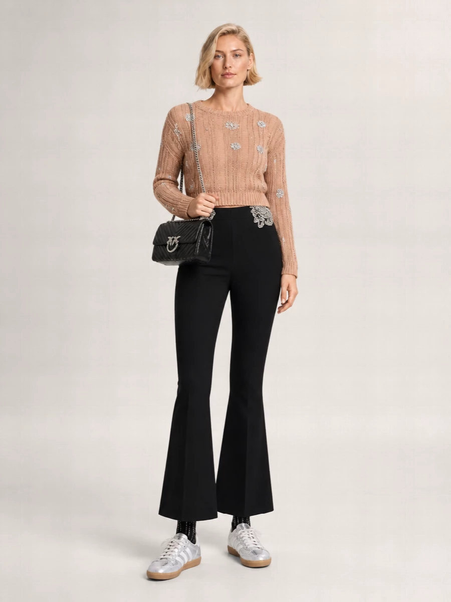 Pinko Cropped Rhinestone Cotton-Blend Sweater