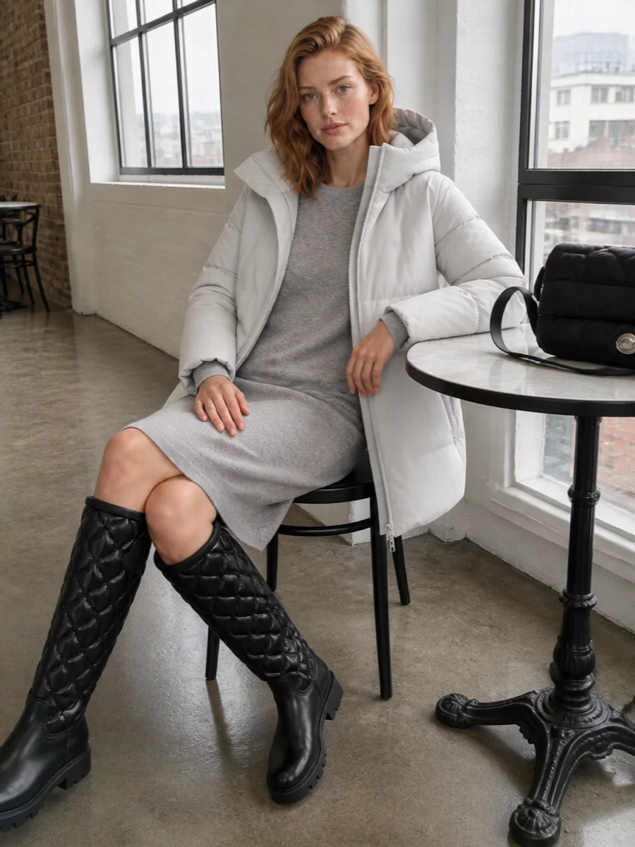 Max mara grey dress moncler quilted boots