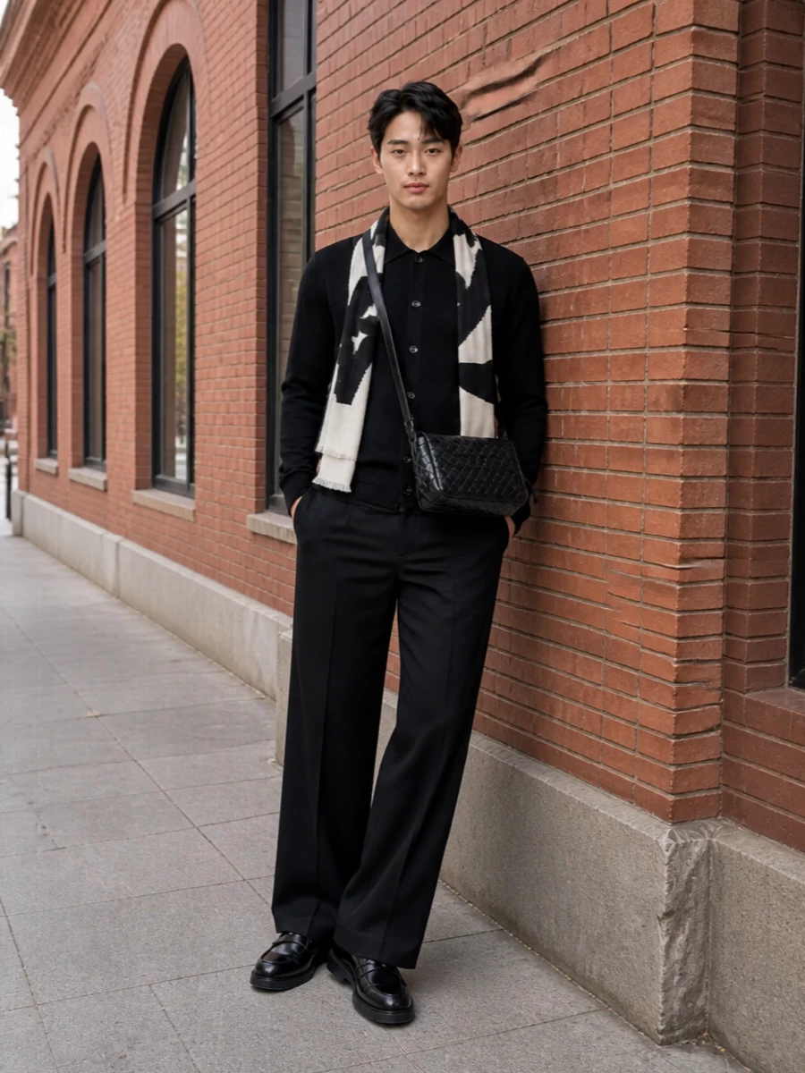 Burberry black knit shirt wide leg trousers outfit