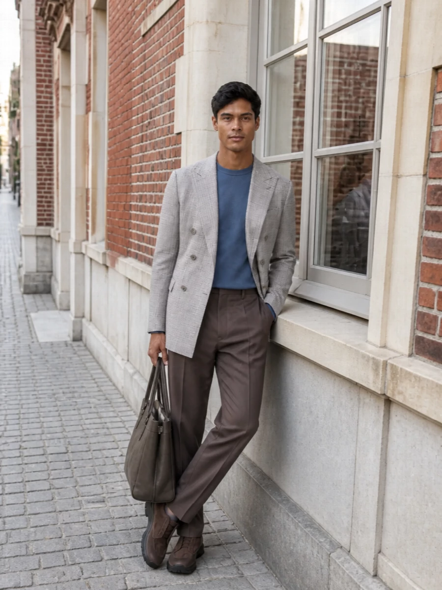 Zegna grey check blazer taupe trousers outfit