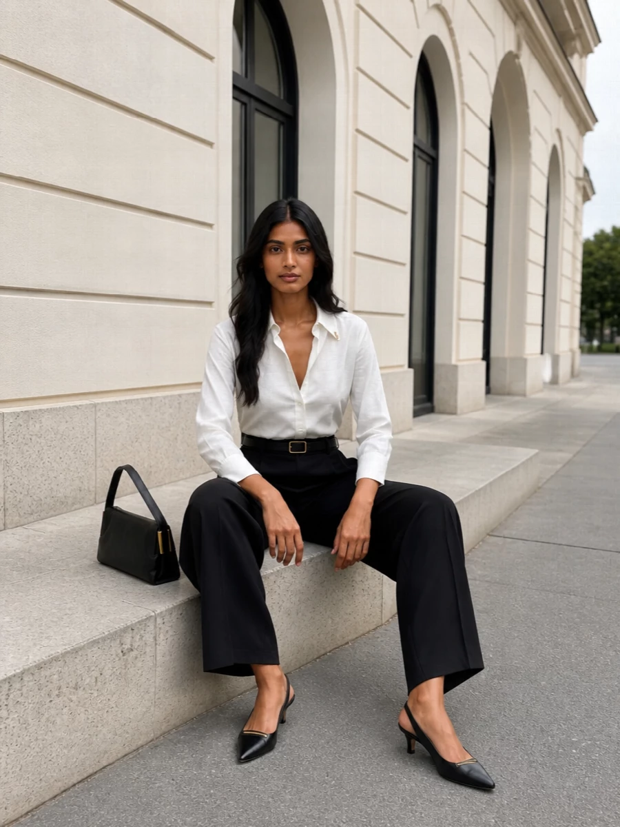 Elisabetta franchi white shirt black wide leg trousers