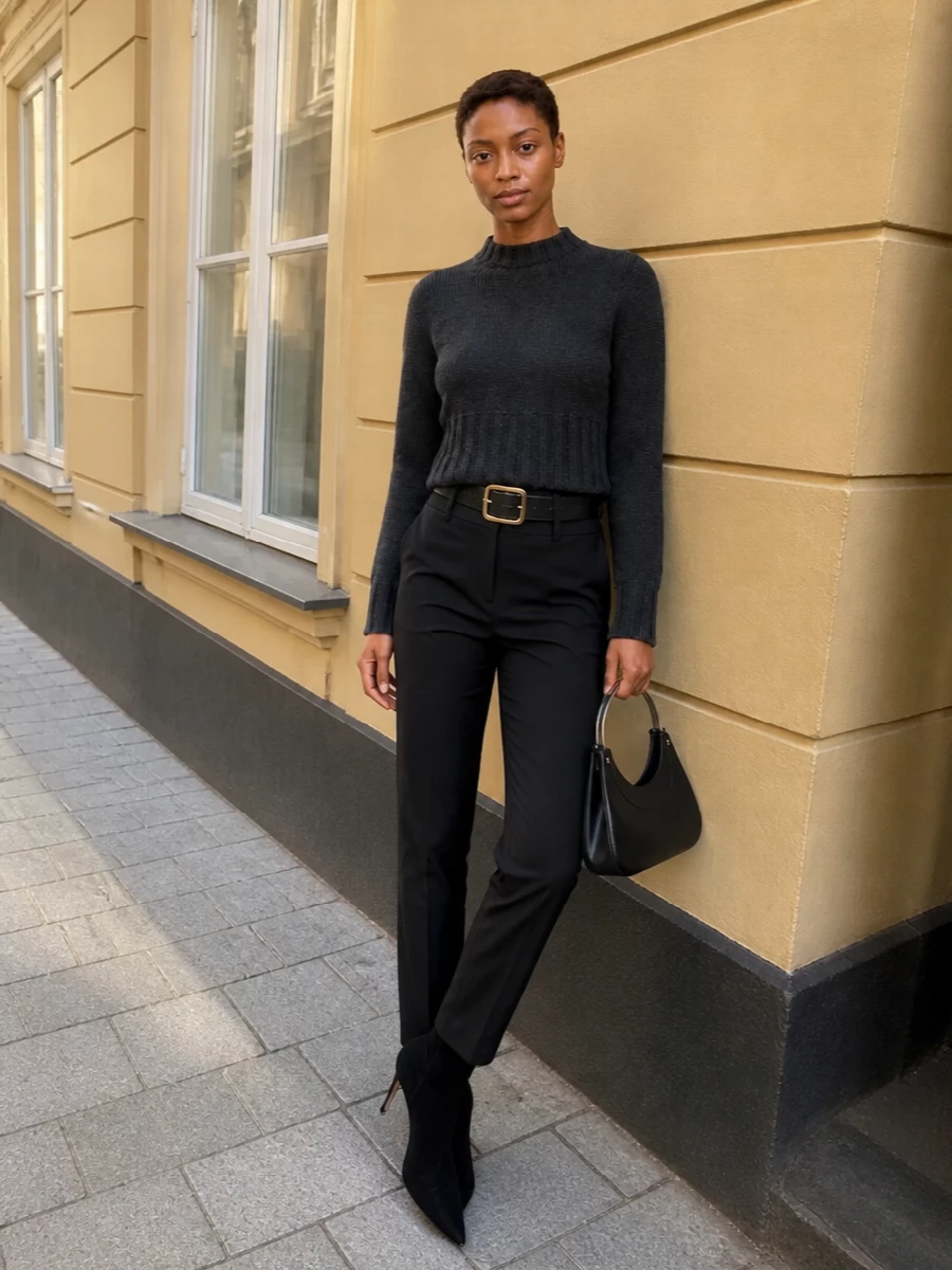 Charcoal knit and inky black tailoring come together in a quietly assertive, columnar silhouette that feels as considered at 9 a.m. as it does at late dinner. The high-rise, razor-sharp trousers counterbalance the cropped jumper, while pointed ankle boots and a sculptural black shoulder bag keep every line clean, urban and unmistakably McQueen.