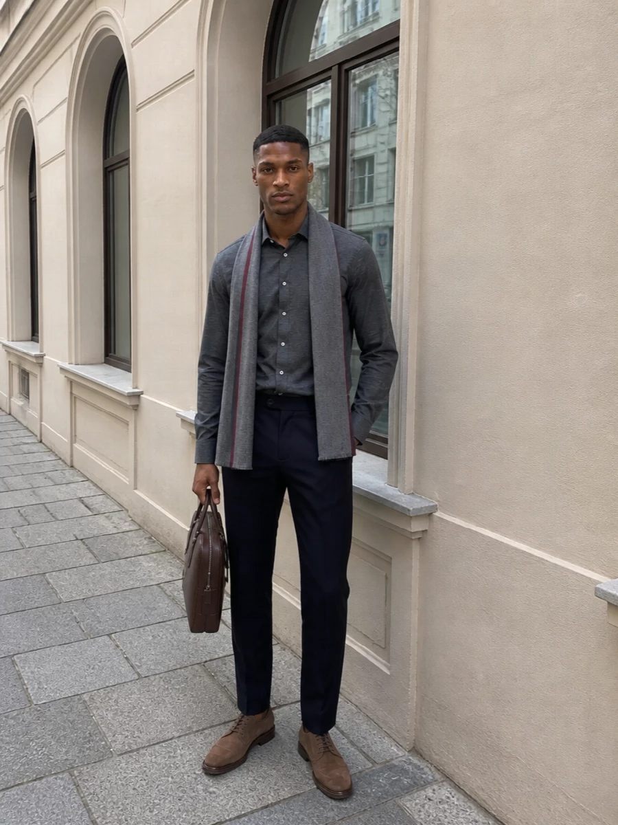 Brunello cucinelli charcoal shirt navy trousers