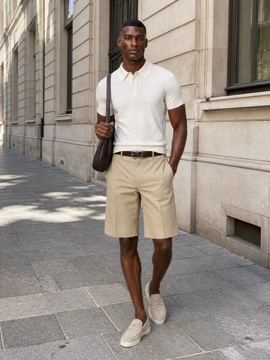 Prada beige tailored shorts ivory knit polo outfit