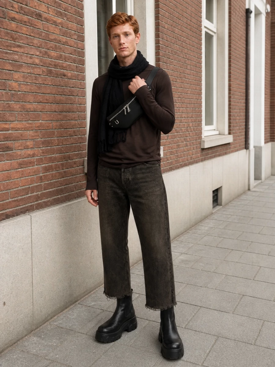 Rick owens brown cropped jeans black platform boots
