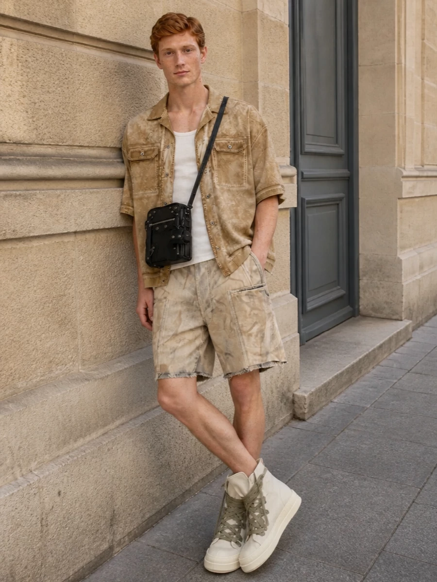 This look leans into a sun-baked Rick palette: the distressed camel camp shirt sits over the washed stone cargo shorts, giving you layered texture and sculptural volume without heaviness. Off‑white and sage DRKSHDW high‑tops extend the sandy tones down to the ground, while a compact black moto crossbody injects just enough darkness to keep the whole thing feeling gritty, urban, and intentionally styled rather than beachy.