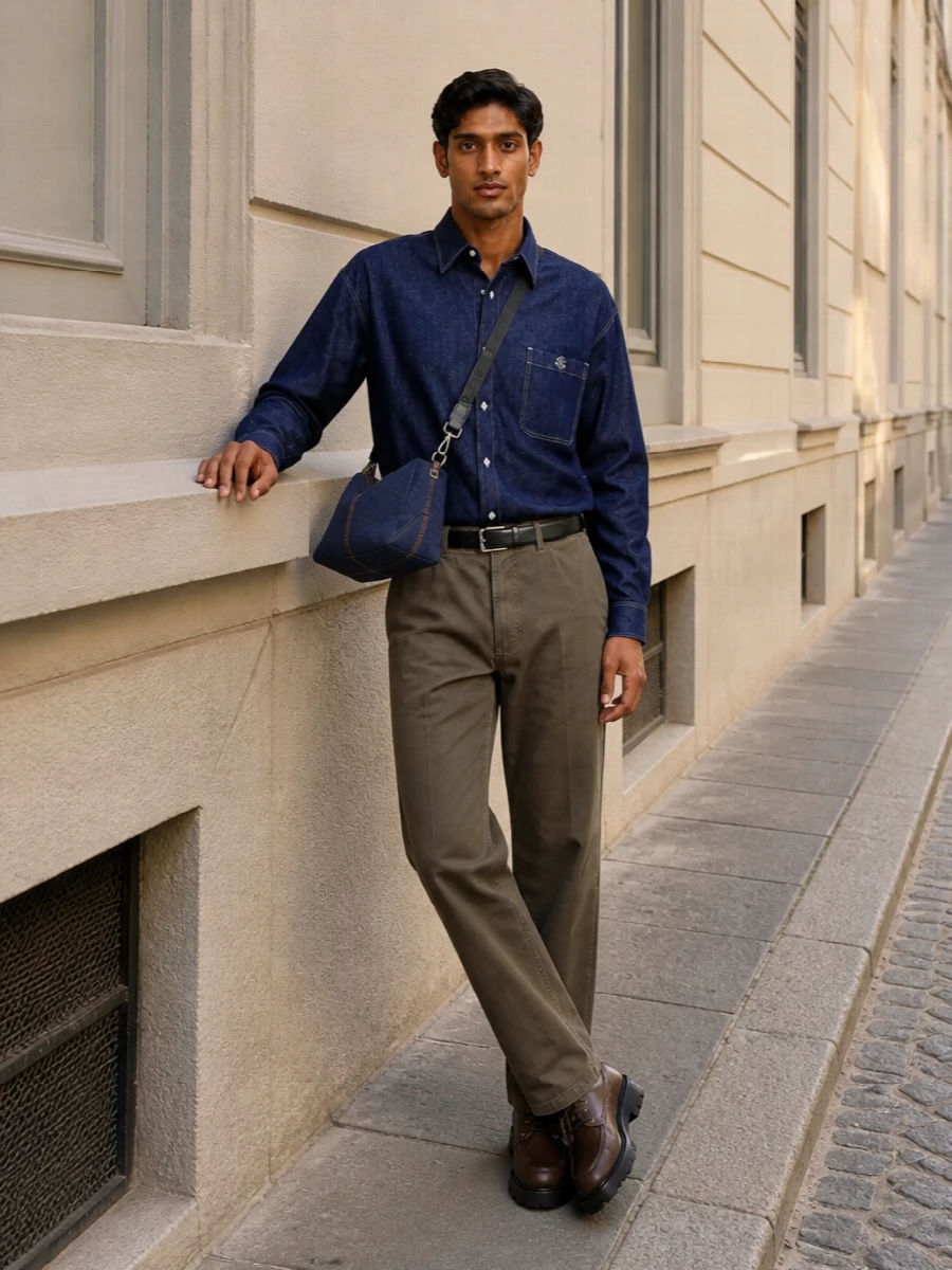 Celine denim shirt olive trousers derbies