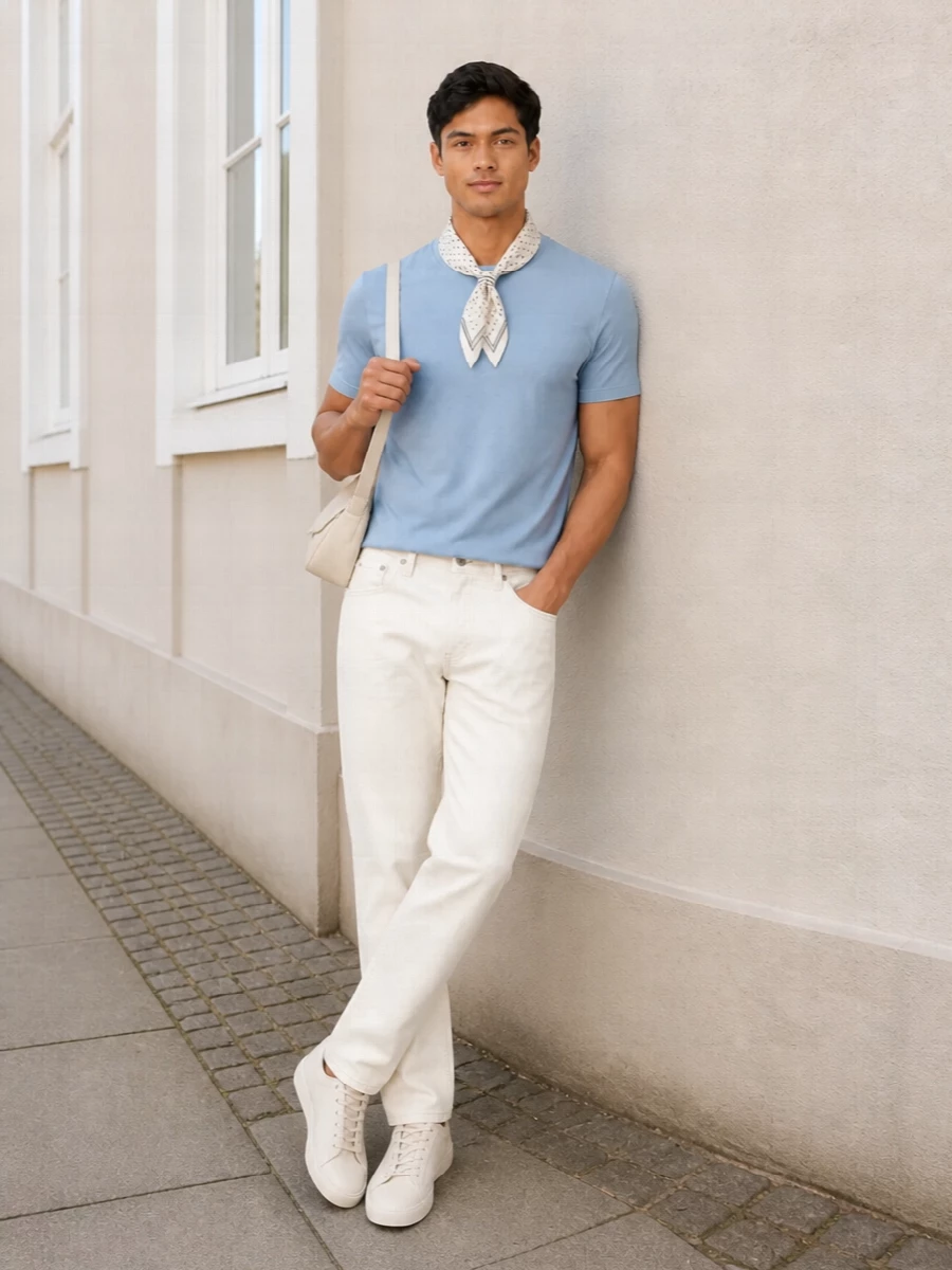 Zanone blue tee zegna ivory trousers outfit