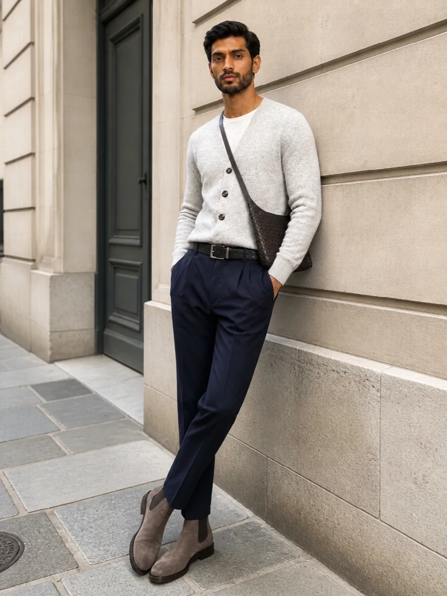Brunello cucinelli cardigan navy pleated trousers