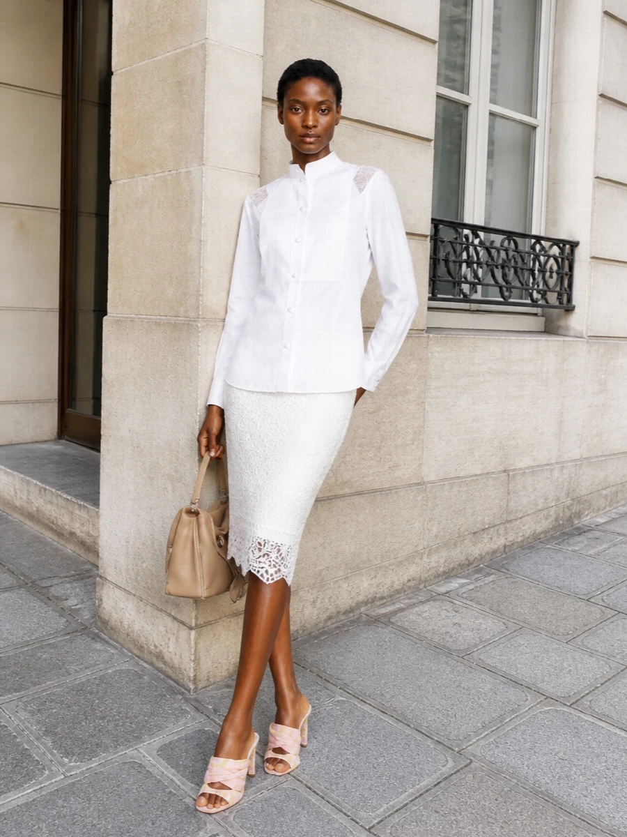 Burberry lace skirt mandarin collar shirt outfit