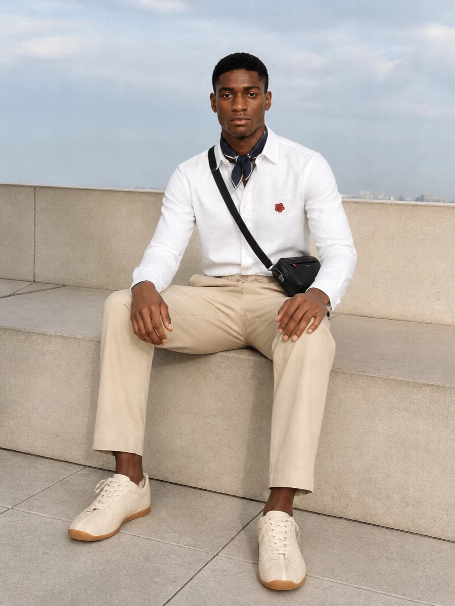 Kenzo white shirt beige drawstring pants cream sneakers