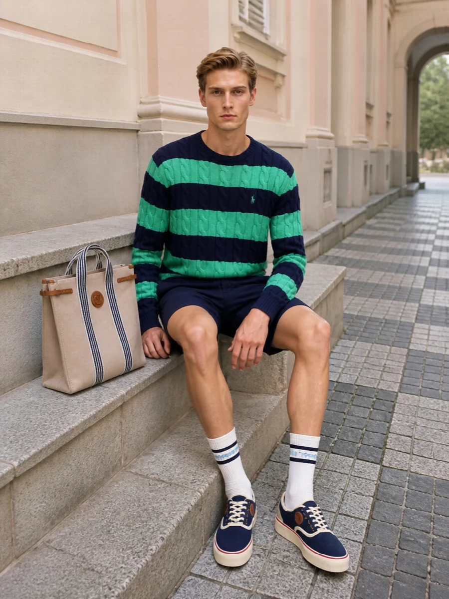 Polo ralph lauren striped sweater navy shorts outfit
