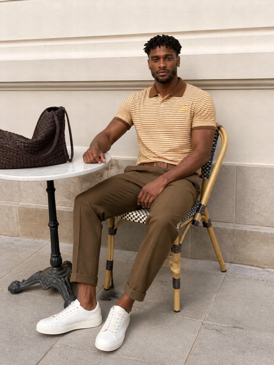 Marni’s striped polo sits on warm camel pleats for a softly tailored take on summer prep. Off-white Prada sneakers keep the palette airy and relaxed, while a deep chocolate woven tote introduces quiet depth and texture. A slim camel suede belt ties the tones together so the whole outfit feels intentional, not over-styled.