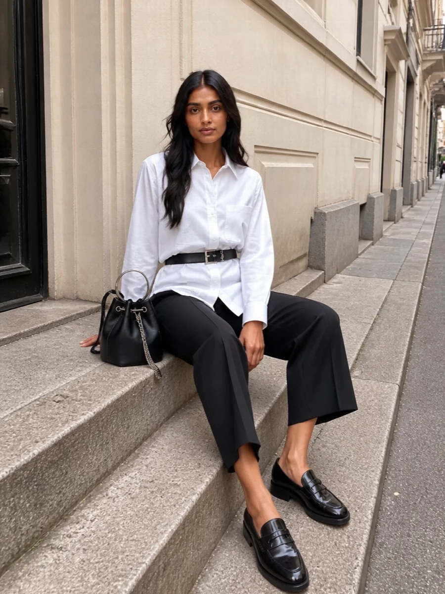 I chose the shirt-and-trouser route rather than a dress so the Saint Laurent belt can define a clean, tailored waist and really earn its place. The longline Thom Browne shirt half-tucked into Fendi’s cropped black pleated trouser creates a high-waisted column that feels sharp but not stiff, finished with glossy Attico loafers and a sculptural Jimmy Choo bucket for quietly assertive evening polish. It is precise, monochrome and modern, with the belt as the subtle, architectural line that ties everything together.