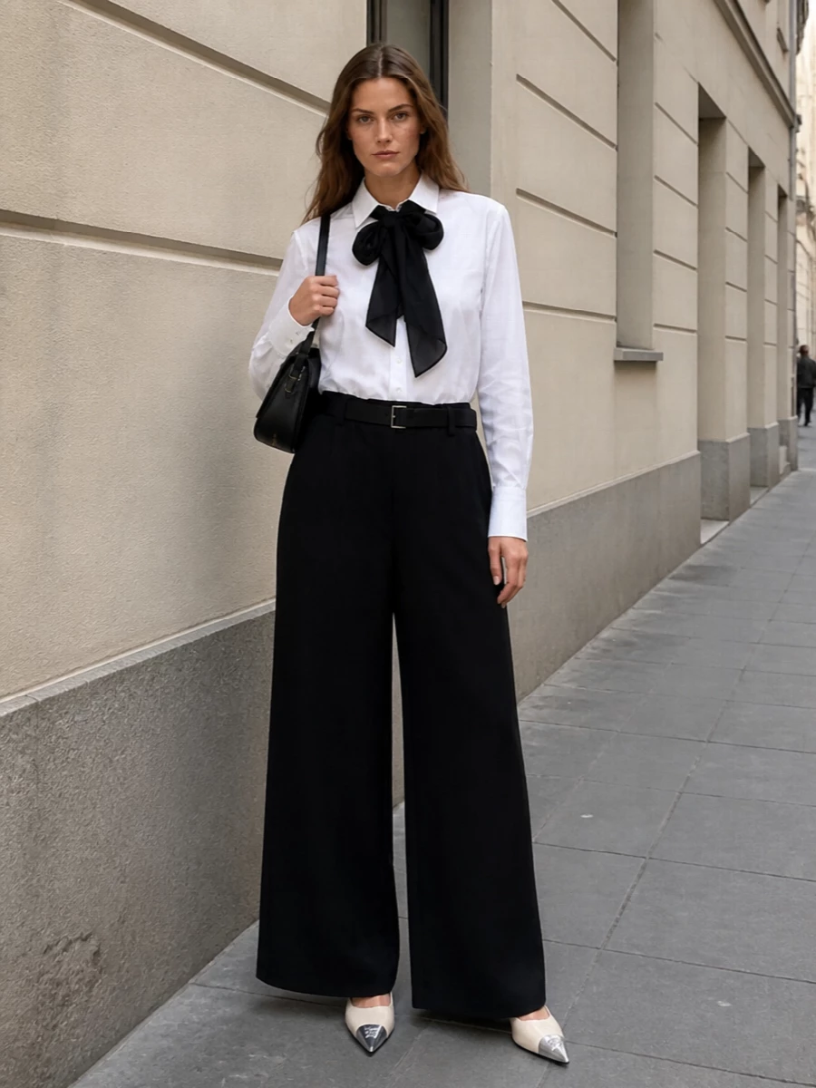 Sacai bow shirt black wide leg trousers