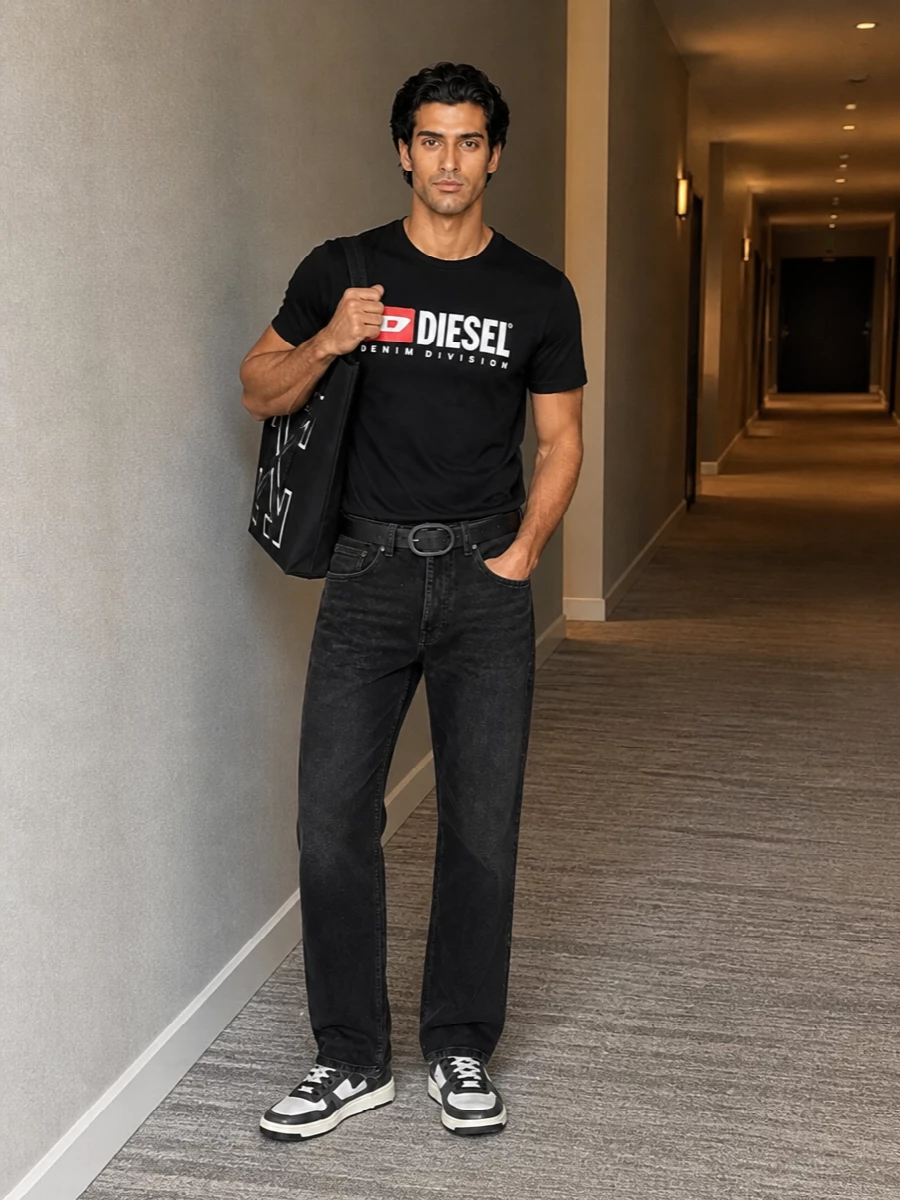 Diesel logo tee black jeans sneakers outfit