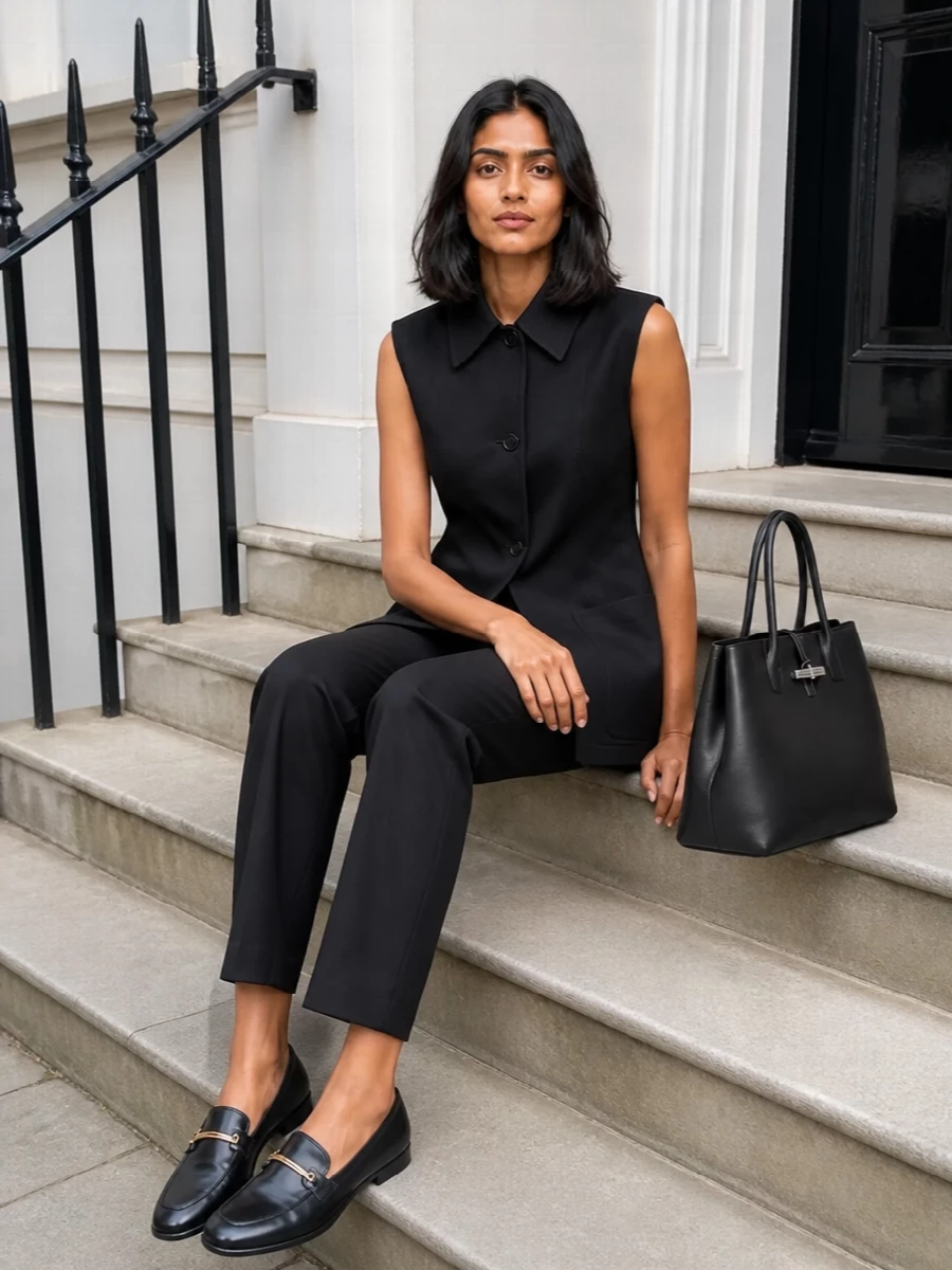 S Max Mara’s longline sleeveless vest sits over sharp black tailoring for a clean, suit-adjacent take on summer workwear. Straight-leg trousers and a low-heel loafer keep the proportions elongated and confident without feeling severe. A structured black top-handle bag ties everything together with an understated, boardroom-ready finish that still works after hours.