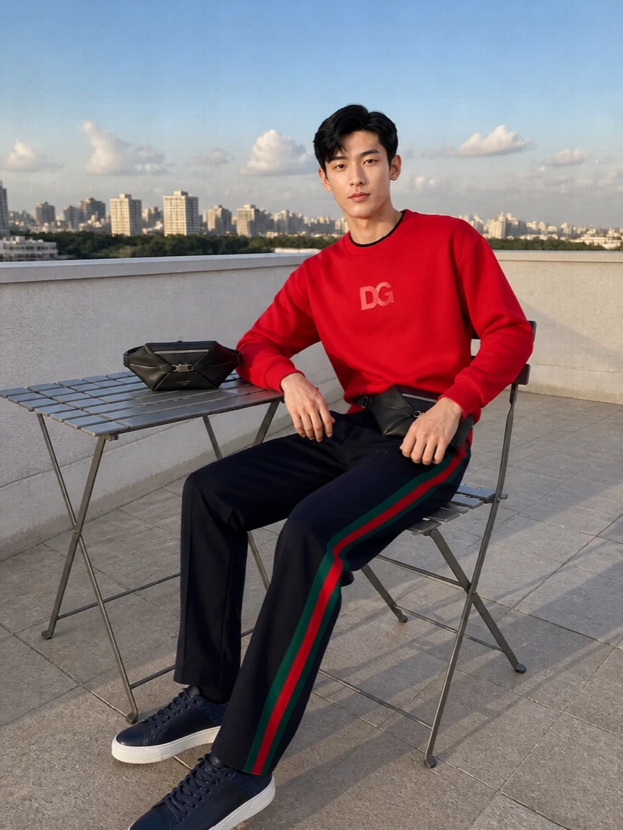 Gucci’s navy track pant meets a scarlet Dolce&Gabbana crew for a sharp, preppy take on sport that feels intentional rather than gym-bound. Deep navy Ferragamo sneakers ground the color-block with a refined edge, while a sculpted black belt bag keeps everything streamlined and hands free. The result is city-ready athleisure that reads designer in every detail without shouting in logos or color clashes.