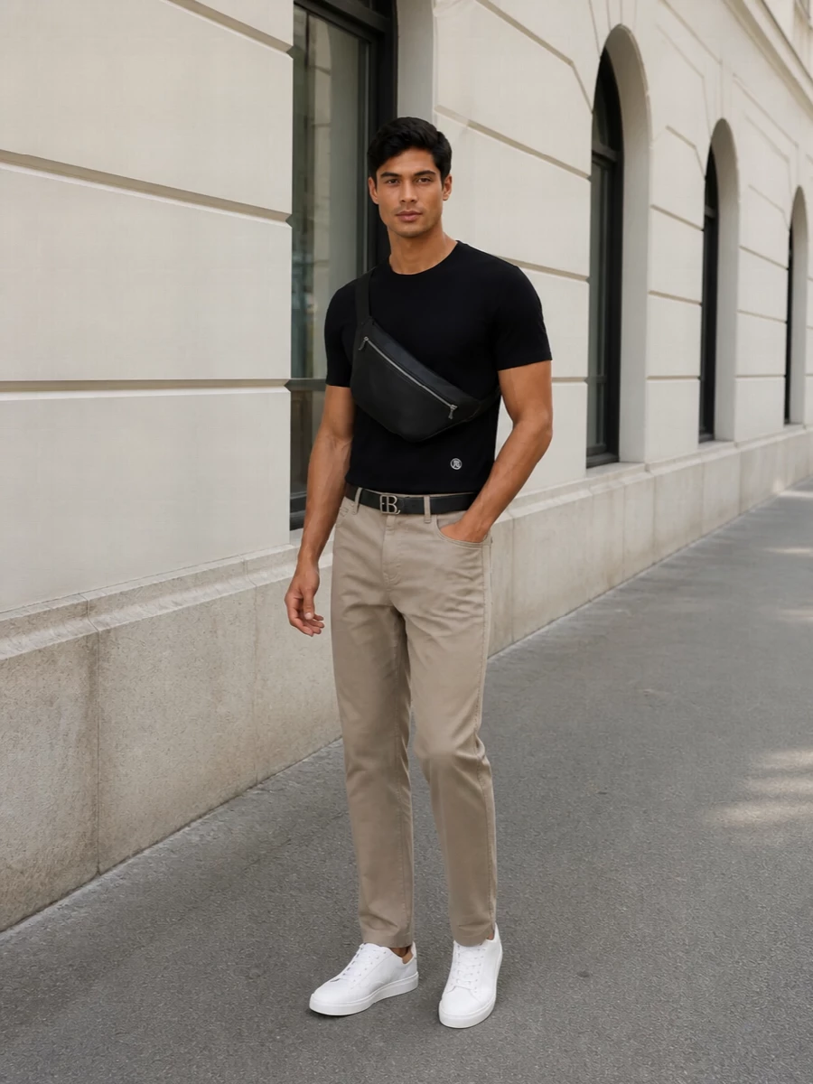 Black jersey and taupe chino create a calm, minimal palette that feels relaxed yet groomed for warm days in the city. White leather sneakers keep it sharp but unfussy, and a small black leather crossbody plus a slim TB belt bring just enough structure and quiet heritage detail without disturbing the simplicity.