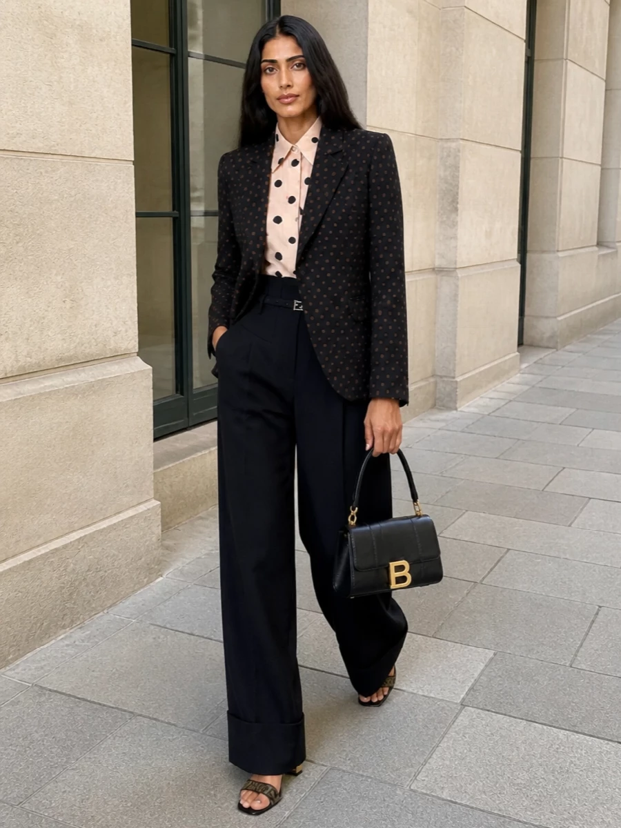 Fendi polka dot blazer black wide leg trousers
