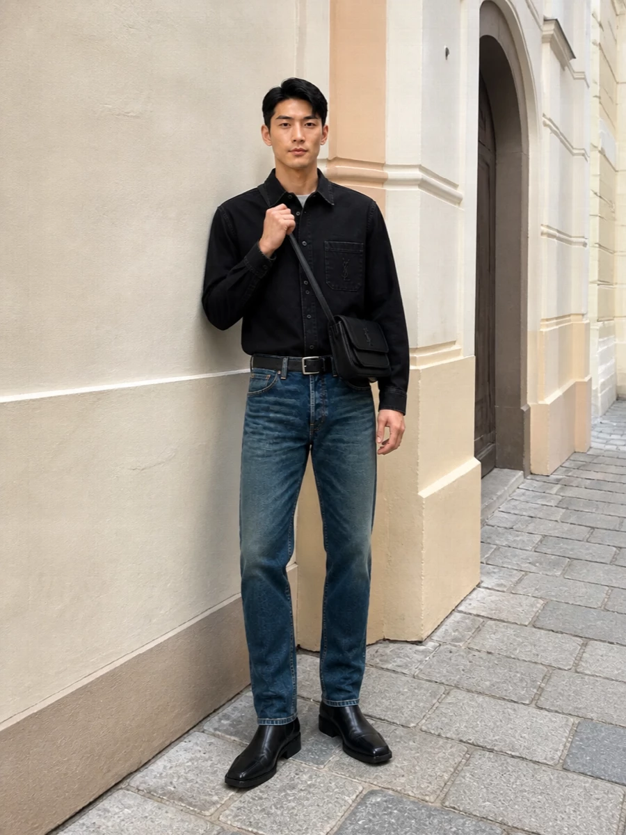 Saint laurent black denim shirt straight jeans outfit