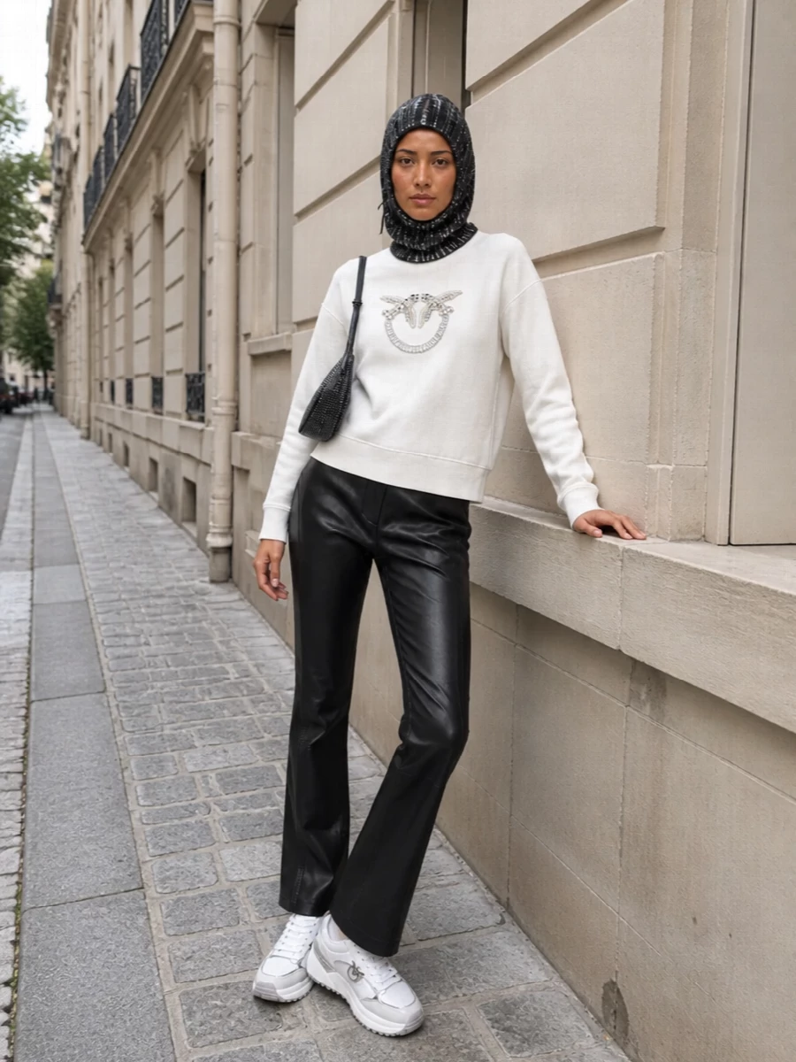 Pinko crystal sweatshirt leather pants sneakers