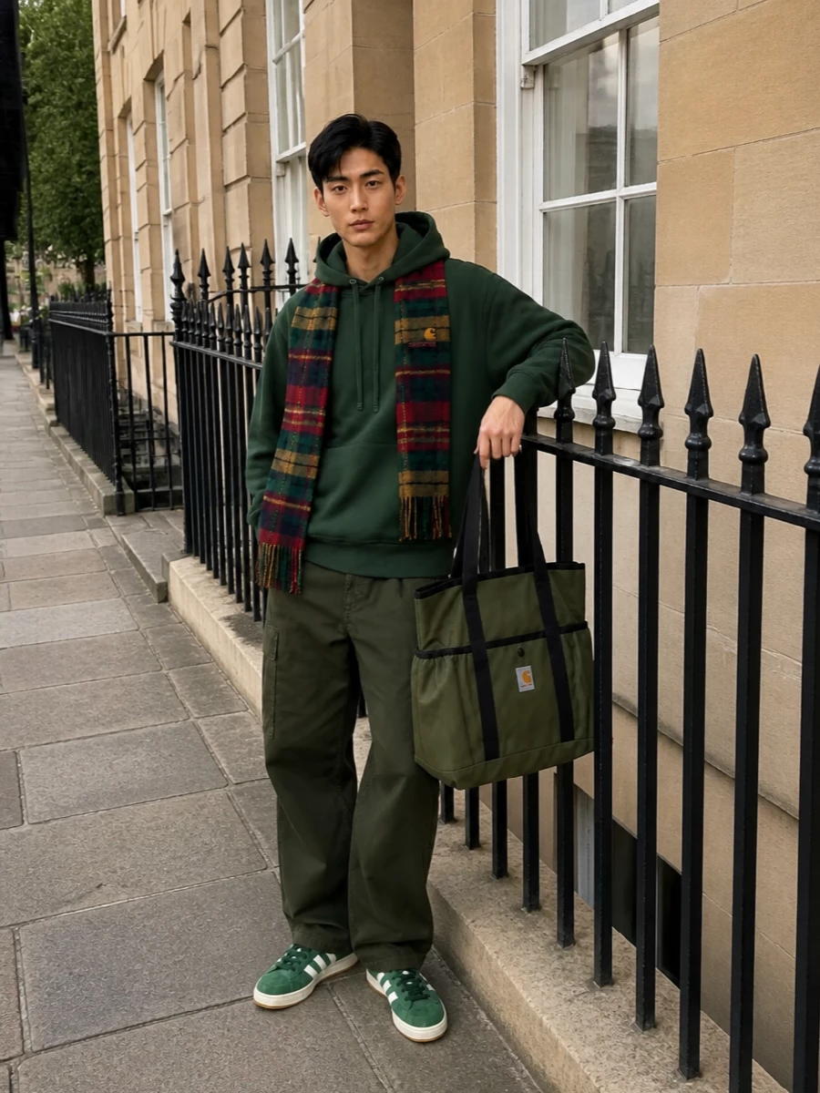 Carhartt hoodie olive cargo pants adidas campus