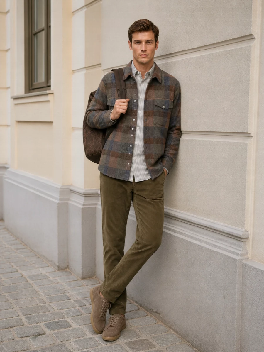 Etro checked shacket corduroy trousers outfit