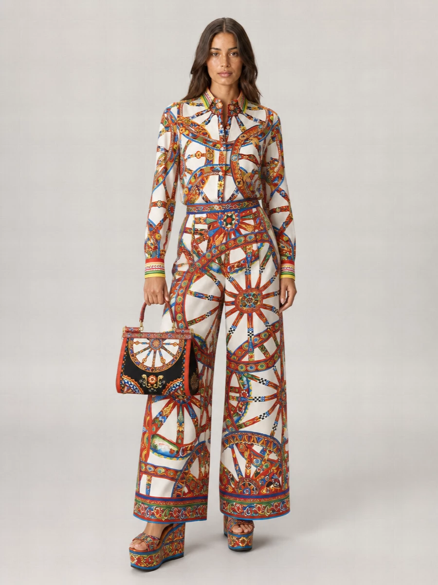 Dolce&Gabbana Silk Vanity Carretto-Print Wide-Leg Trousers