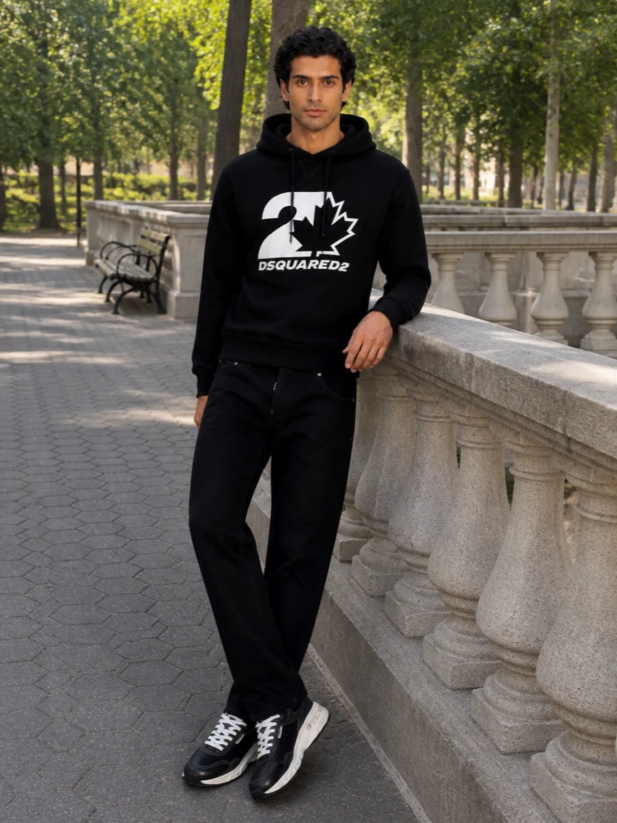 Dsquared2 black hoodie jeans sneakers outfit