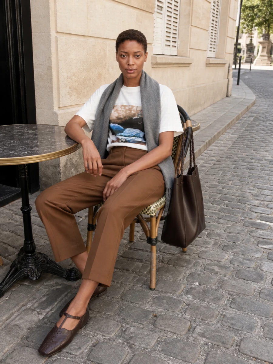 Jil sander graphic tee camel trousers outfit