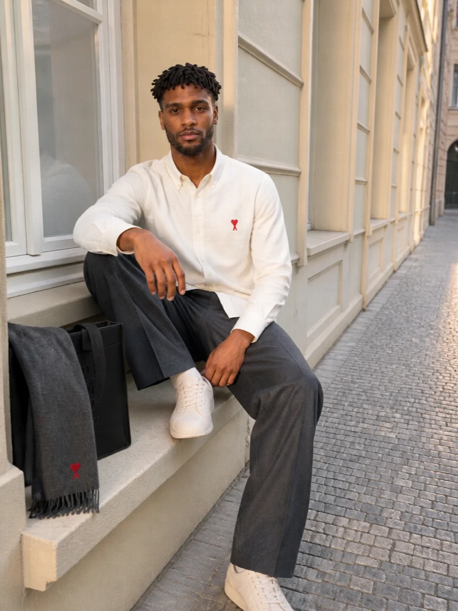 Ami paris shirt charcoal trousers cream sneakers