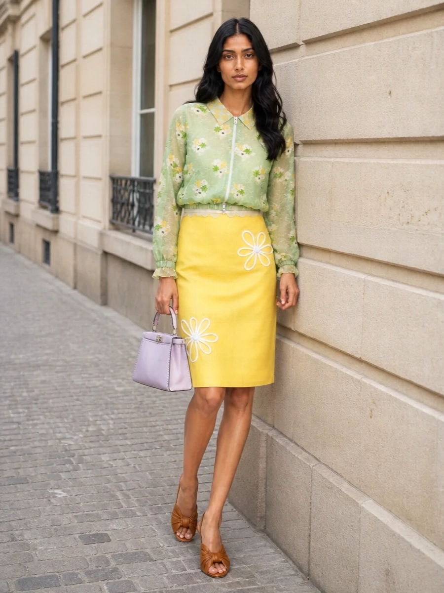 Fendi sheer floral blouse yellow pencil skirt outfit