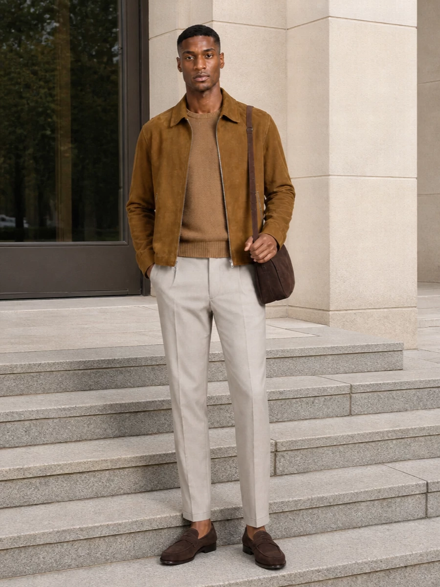 Prada suede jacket beige trousers loafers
