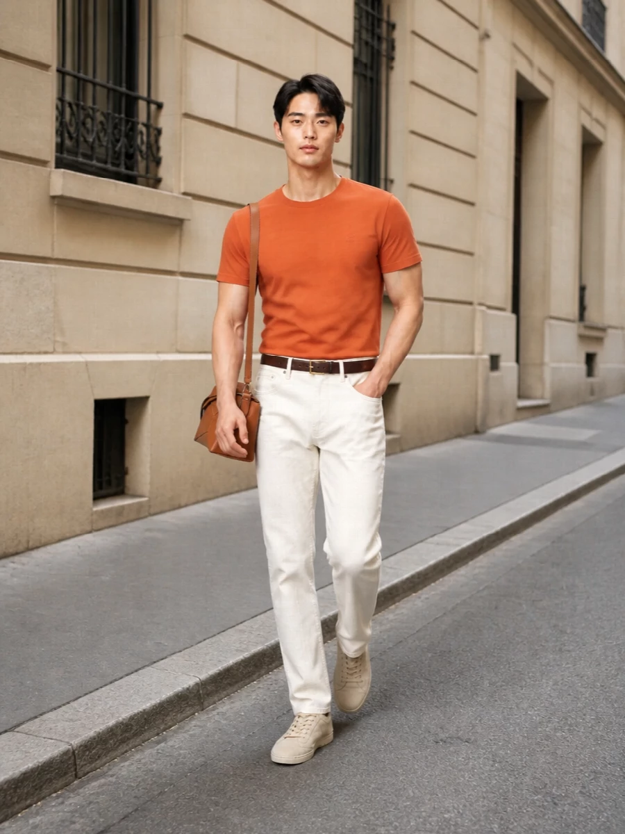 This look frames the burnt-orange tee with off-white straight-leg trousers for a crisp, sunlit take on quiet luxury. Sand suede sneakers and a slim dark-brown belt keep the silhouette sharp yet relaxed, while the tan Loewe bag adds an architectural note that ties together the warm, earthy palette. It’s an elevated SS outfit that moves effortlessly from terrace lunch to relaxed city evenings.