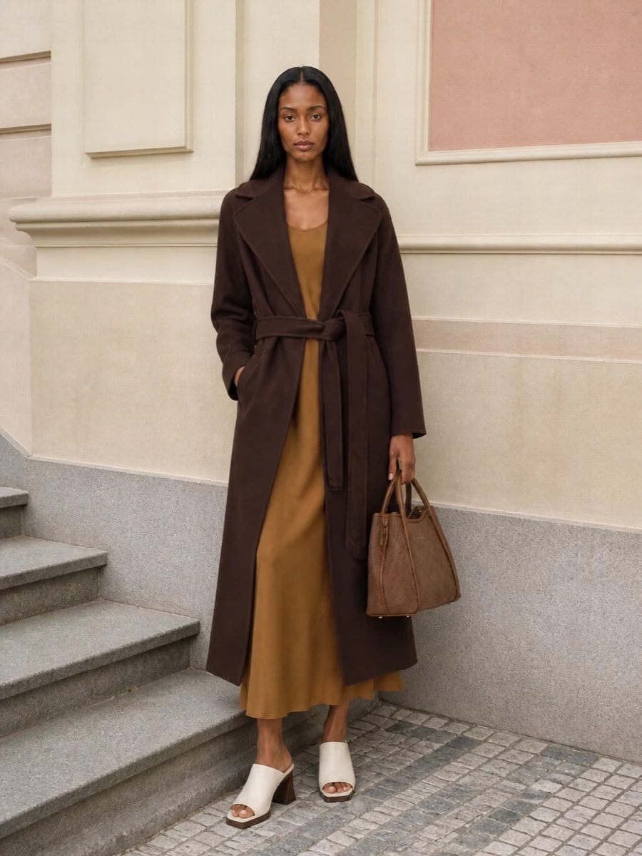 I chose the dress path so the coat can frame a single clean column of color instead of competing with tailoring layers. The caramel slip under the deep brown wrap coat feels like a quietly luxurious answer to dinners, openings or travel evenings, with the ivory mules and sculpted bucket adding just enough contrast and structure. It is all about long lines, minimal hardware and a cohesive neutral palette that reads considered without ever feeling strict.
