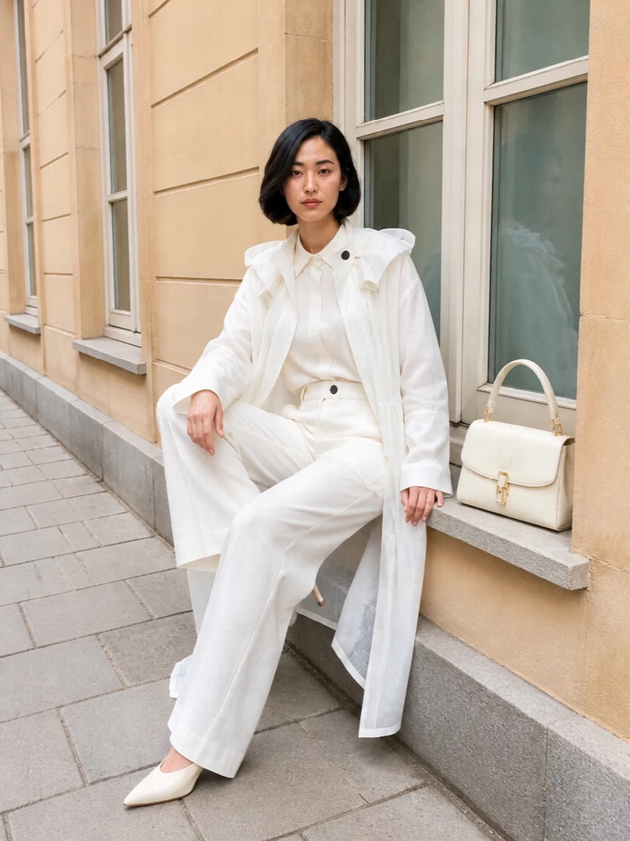 Ferragamo white coat ivory shirt wide leg pants