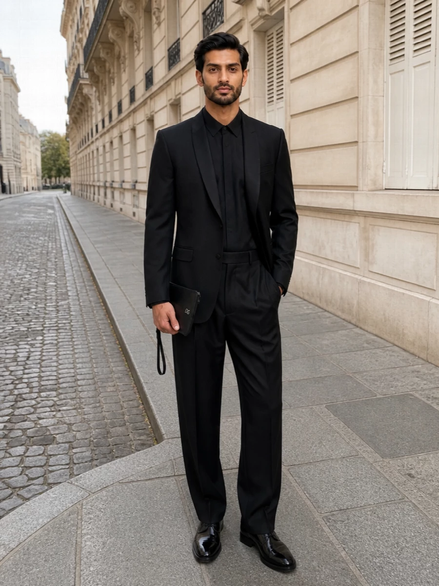 A strict black palette lets the shawl-lapel blazer take the lead, with longline shirting and high-rise trousers sharpening the vertical line. Glossy oxfords and a flat clutch keep the mood firmly evening, polished and quiet. The result is modern black-tie that reads studied and precise rather than traditional.
