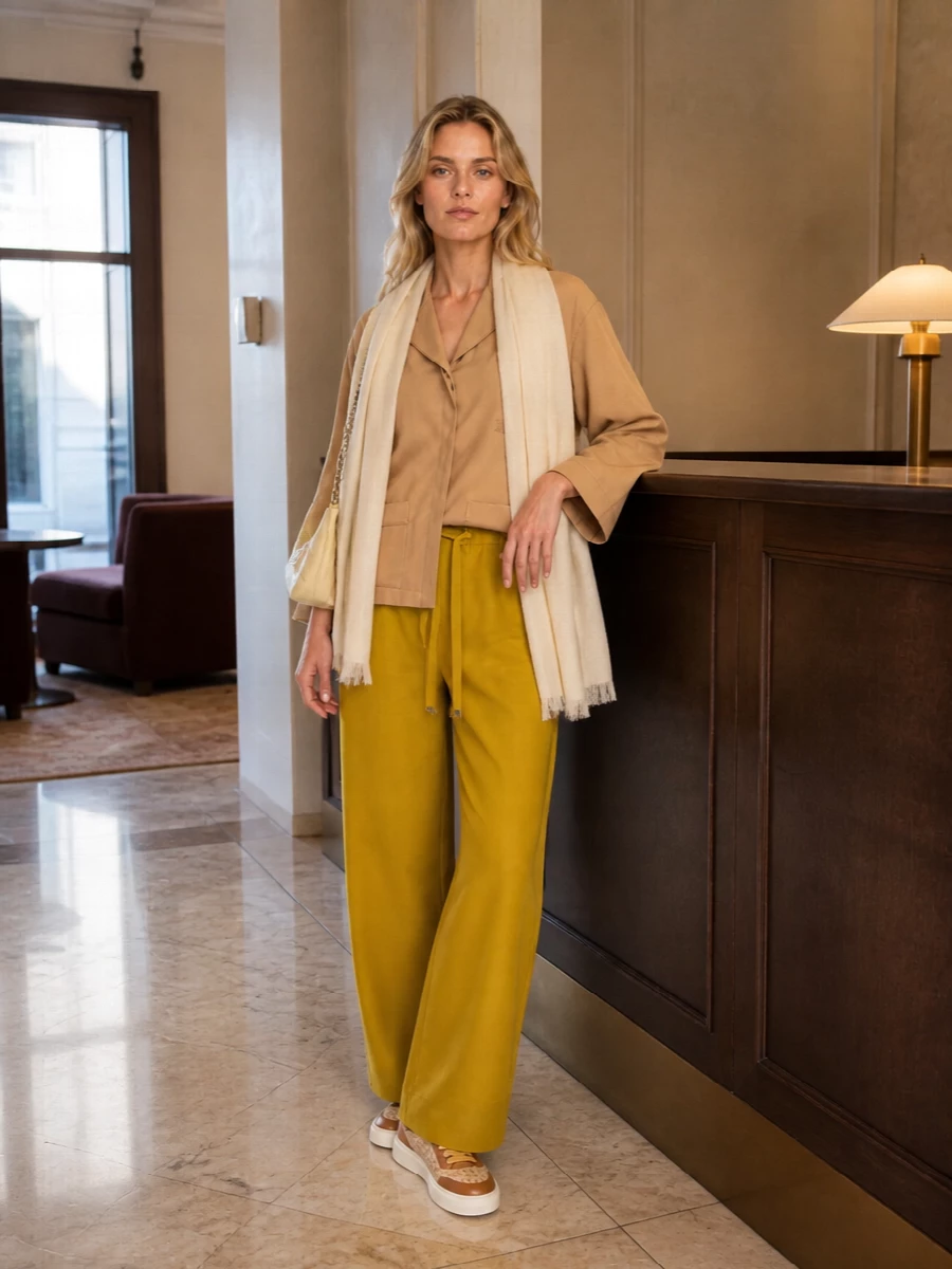 Max mara mustard trousers camel shirt outfit