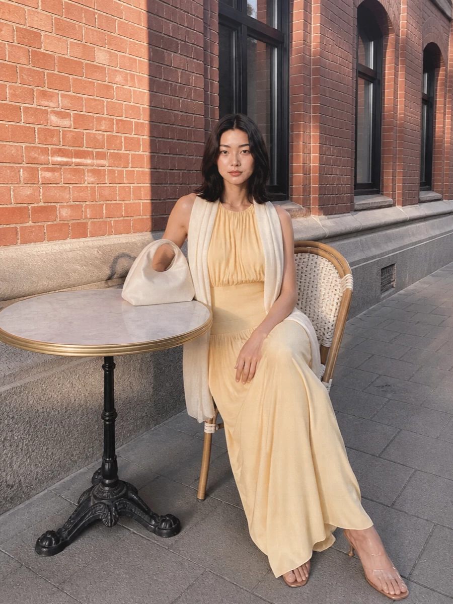 Toteme yellow maxi dress chloe nude sandals