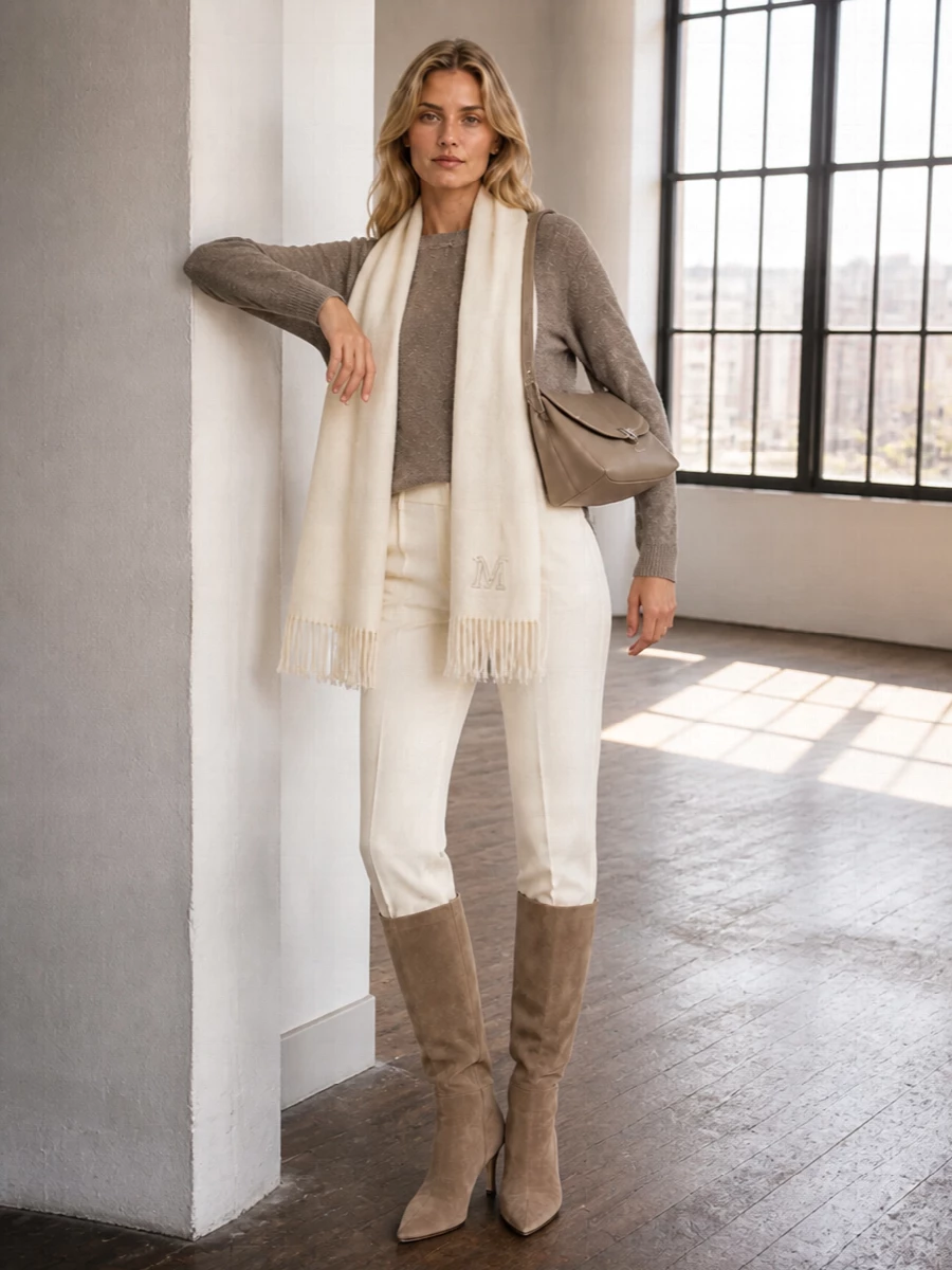 Fabiana filippi taupe sweater ivory trousers outfit