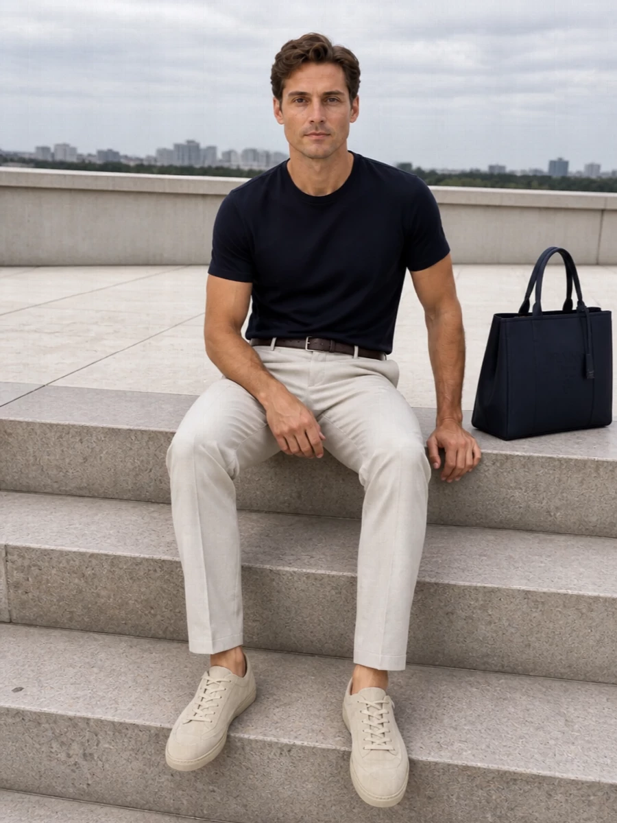 Brunello cucinelli navy tee beige trousers outfit