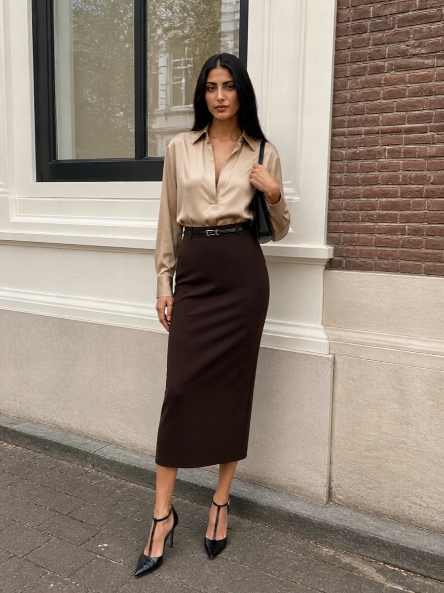 Tom ford camel blouse chocolate pencil skirt outfit