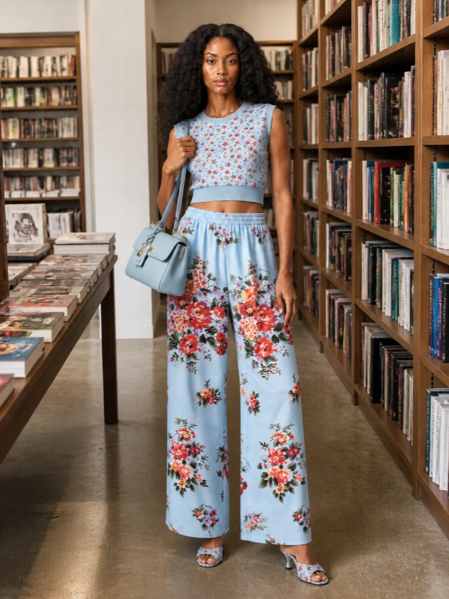 A head-to-toe blue floral story keeps this Dolce&Gabbana set cohesive and light, with the cropped knit and high-rise wide leg creating a long, easy column. Powder-blue kitten mules and a structured top-handle hold the mood at romantic-preppy rather than beachy, so it works for city lunches and terrace dinners alike. The matching silk scarf is the final touch that quietly ties the reds and blues together for a soft but considered finish.