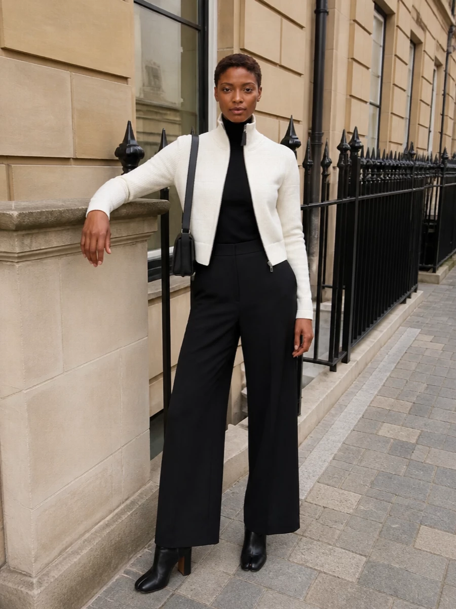 Margiela ivory zip jacket black wide leg trousers