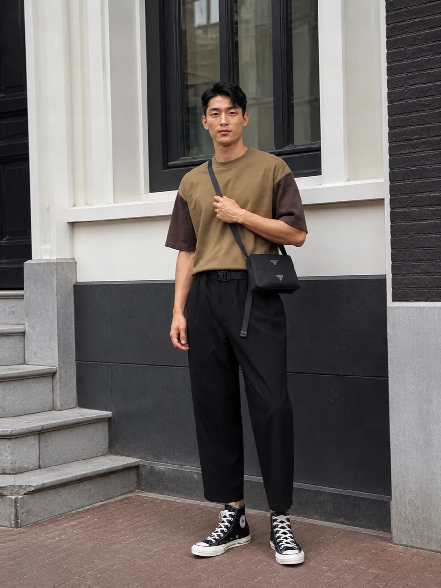 Comme des garcons camel tee cropped black trouser